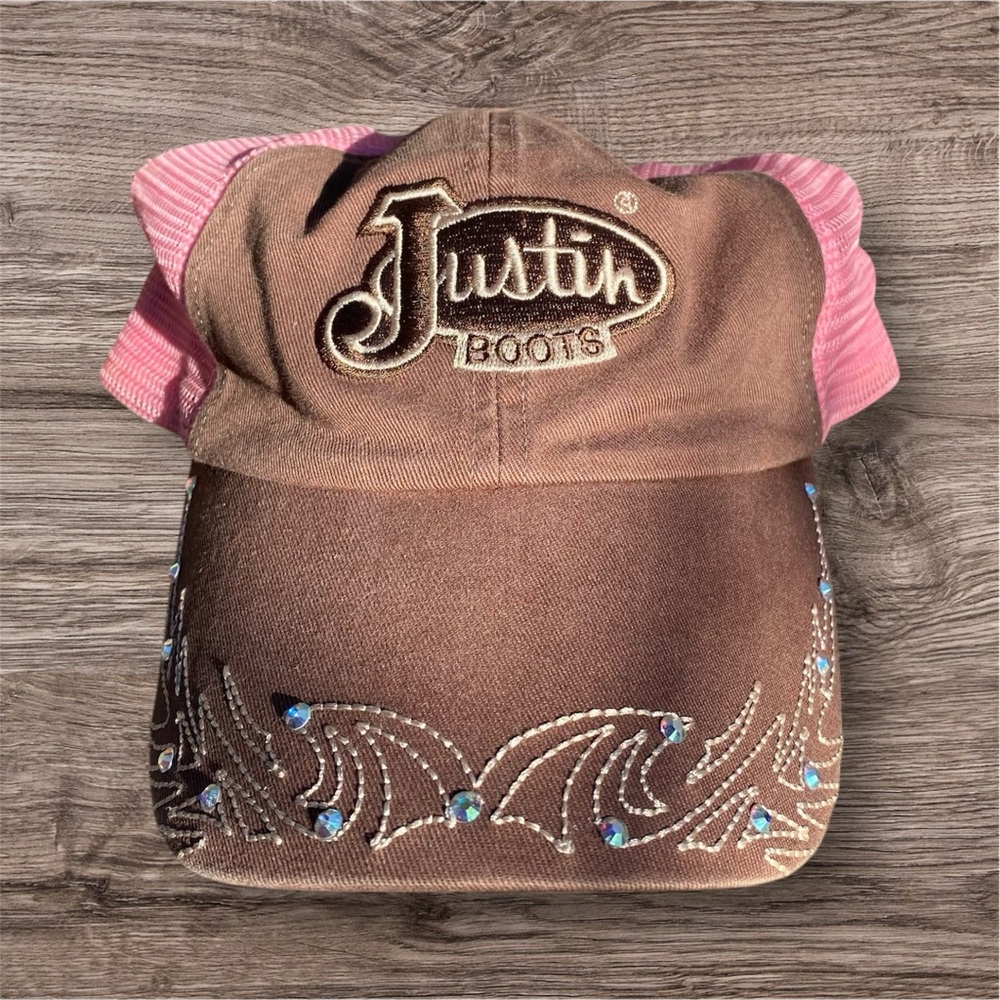 JUSTIN BOOTS WOMENS PINK AND BROWN WESTERN EMBROIDERED BEJEWELED RHINESTONE HAT